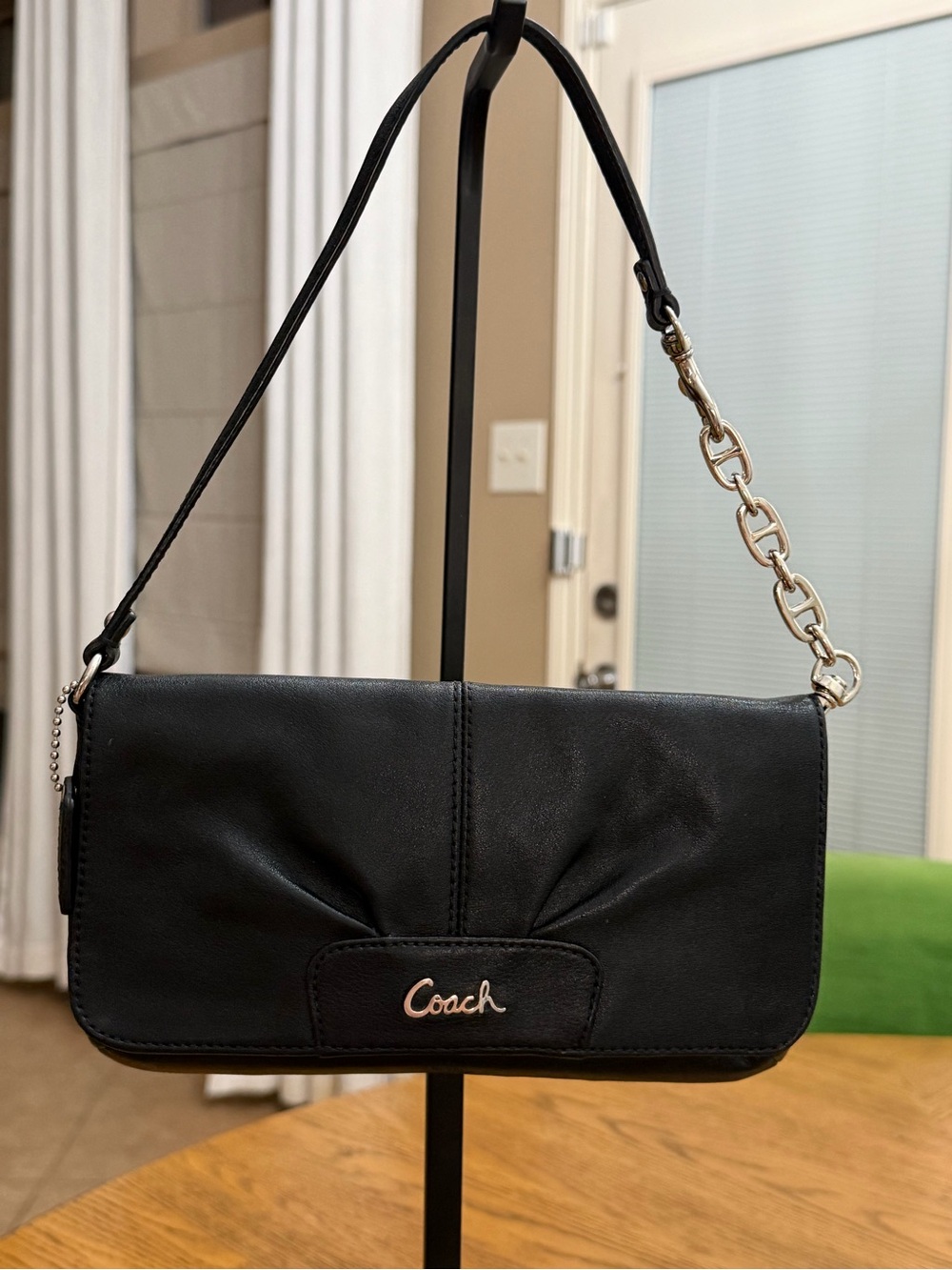 Vintage Coach Black Leather Shoulder Bag with Aftermarket Chain Extender